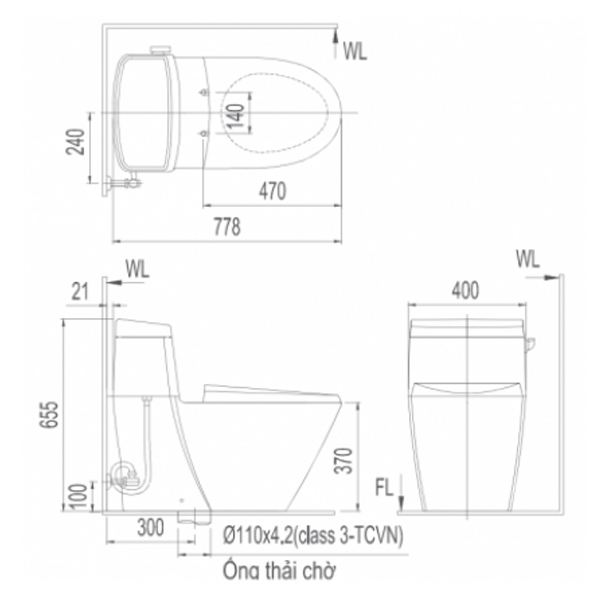 Bản vẽ bồn cầu Inax AC-918R+CW-KB22AVN