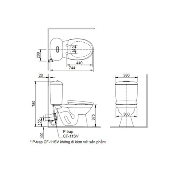 Bản vẽ kỹ thuật bồn cầu 2 khối inax c 306pt