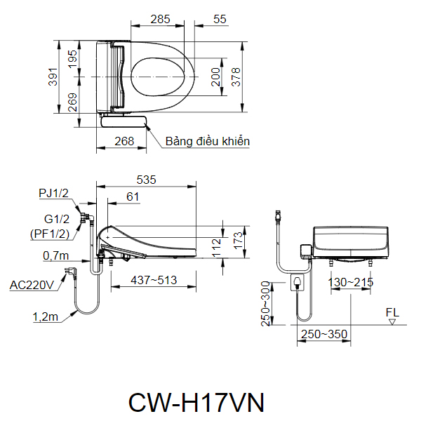 Thông số kỹ thuật nắp bồn cầu Inax cảm ứng CW-H17VN​