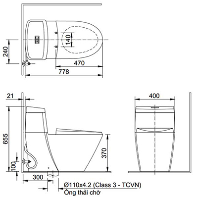 Bản vẽ kỹ thuật Bồn cầu Inax nắp rửa điện tử AC-909R+CW-H17VN