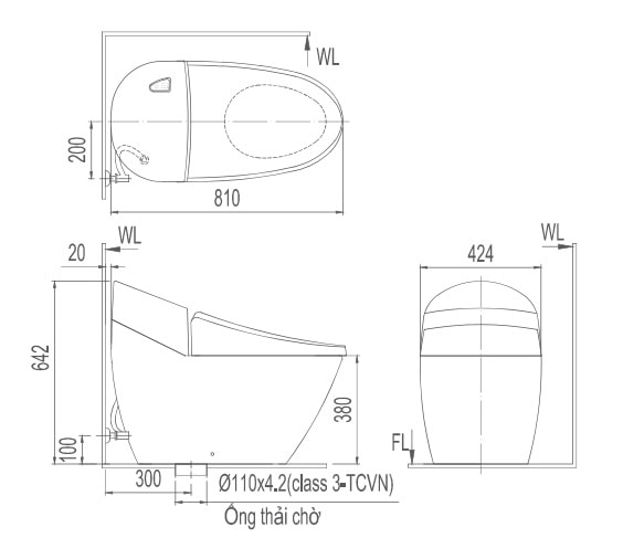 Bản vẽ kỹ thuật Bồn cầu nắp rửa cơ Inax AC-2700+CW-S15VN
